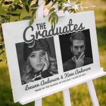 Double graduates, double party celebrations! These modern graduation welcome boards, feature 2 graduates and their photos with a stylish announcement template. All font styles and background colors can be changed by clicking on the customize further link after personalizing. Dual Graduation Party Ideas, Double Graduation Party Ideas, Combined Graduation Party Ideas, Unc Graduation, Bubble Gift, Graduation Party Themes, Graduation Party Ideas, College Graduation Parties, Welcome Boards