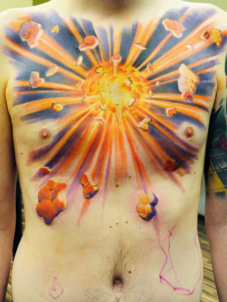 Realism Tattoo by David Klvac | Tattoo No. 7860 Explosion Tattoo, Torso Tattoos, World Tattoo, Space Tattoo, Inked Magazine, Chest Piece, Z Arts, Time Tattoos, Realism Tattoo