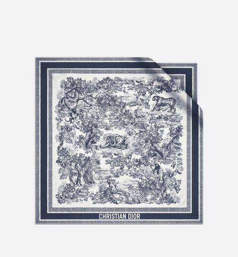 Toile de Jouy Sauvage Square Scarf Ivory and Navy Blue Silk Twill | DIOR Designer Silk Scarves, Blue Toile, Twilly Scarf, Couture Mode, Christian Dior Couture, Gray Silk, Dior Couture, Scarf Design, Silk Twill