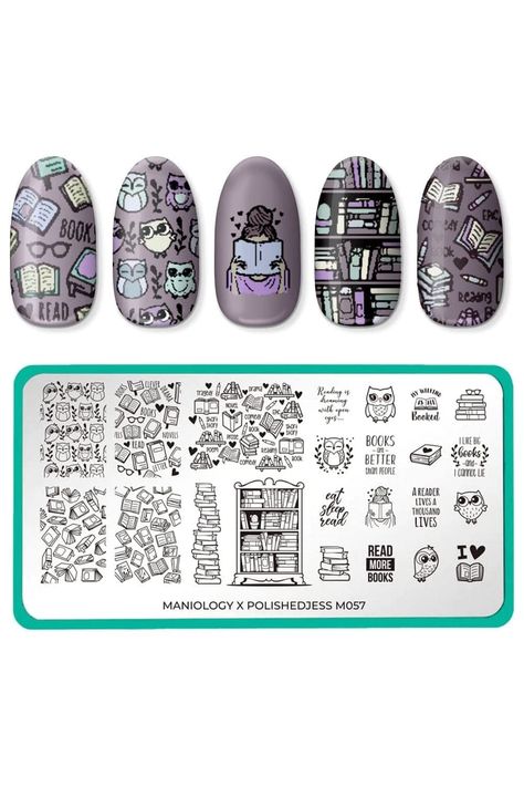 Maniology PolishedJess (M057) Artist Collaboration Stamping Plate, Book-Lover Theme Manicures Book Themed Acrylic Nails, Nail Designs Book, Book Themed Nails, Book Nail Art Designs, Book Themed Nail Art, Literary Nail Art, Book Nails Designs, Nail Art Books Inspired, Book Nail Art