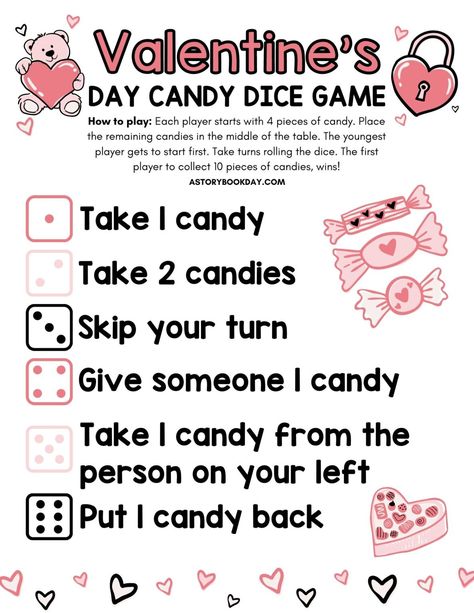 Free Printable: Candy Dice Game for Valentine's Day Valentine Day Games For Kids, Kids Valentine Games, Valentine Games For Church, Valentine's Day Game, Candy Dice Game Printable Free, Candy Dice Game, Candy Dice Game Free, Valentine Dice Game, Valentines Day Games