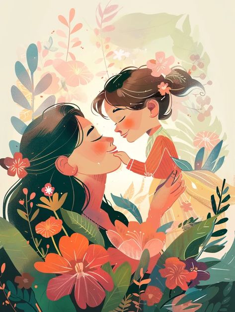 Midjourney AI Image: Mother’s Day illustration --ar 3:4 → more in ai-img-gen.com Mother Daughter Image, Family Love Illustration, Mom And Daughter Illustration, Mum And Daughter, Single Mother Aesthetic, Mother's Day, Canvas Art Projects, Digital Art Illustration, Mother And Child