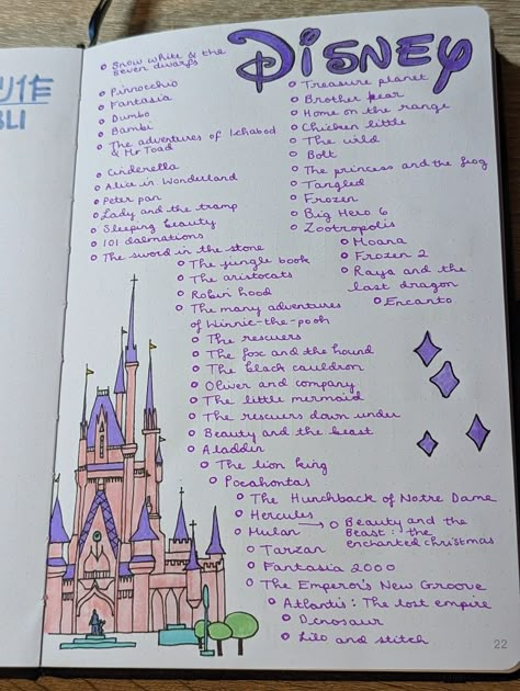 Journal / bullet journal / scrapbook page, Disney classics, Disney watchlist, Disney movies, Disney films Disney Smash Book, Disney Journal Pages, Watchlist Journal, Page Ideas For Journal, Disney Journal Ideas, Disney Watchlist, Netflix Journal, Bullet Journal Films, Disney Bullet Journal