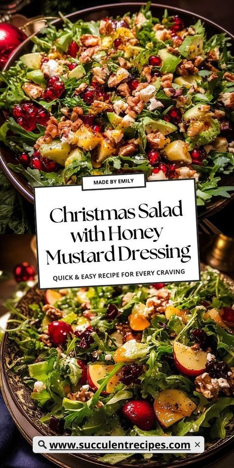 This beautiful Christmas Salad pairs perfectly with a creamy honey mustard dressing, combining the best of seasonal ingredients for a refreshing, flavorful dish. Winter Glow Salad, Christmas Salad Dressing Recipes, Festive Christmas Dinner Ideas, Best Holiday Salad Recipes, Copycat Crisp And Green Salads, Green Sides For Christmas, Christmas Green Salads Holidays, Salads That Go With Fish, Healthy Christmas Eve Appetizers