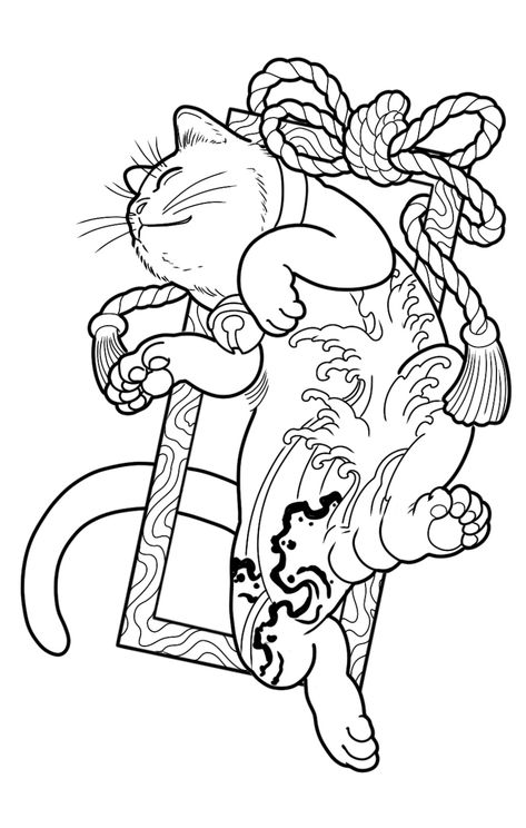 Line Art Japanese, Japanese Line Drawing, Japanese Cat Tattoo Design, Cat Tattoo Japanese, Japanese Tattoo Cat, Traditional Chinese Tattoo, Japanese Folklore Art, Japanese Flash Tattoo, Japanese Cat Tattoo