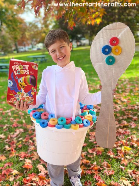 DIY Cereal Bowl Costume - I Heart Arts n Crafts Bowl Of Fruit Loops Halloween Costume, Cereal Box Halloween Costumes, Diy Cereal Costume, Cereal Mascot Costumes, Fruit Loops Costume, Cereal Costume Ideas, Cereal Halloween Costume, Cereal Character Costumes, Macaroni Costume