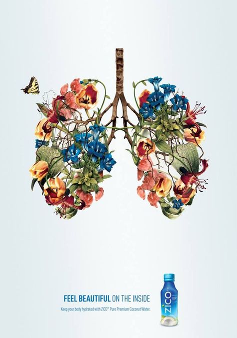 Zico, Coconut water, July 2015, Health conscious people, specifically women  Portraying beautifully illustrated flower lungs -  or a heart and a brain-, Zico suggests that by drinking the coconut water, consumers can achieve healthiness - inner beauty. Zico's "Feel Beautiful on the Inside" print ad does not only fit to the current health-conscious trend, but the image of elegant flower-organ also recalls feelings of being treated by nature and becoming healthy and beautiful by drinking Zico. Beautiful On The Inside, David Goliath, 16 Tattoo, 광고 디자인, Publicidad Creativa, Best Ads, Zico, Poster Ads, Medical Art