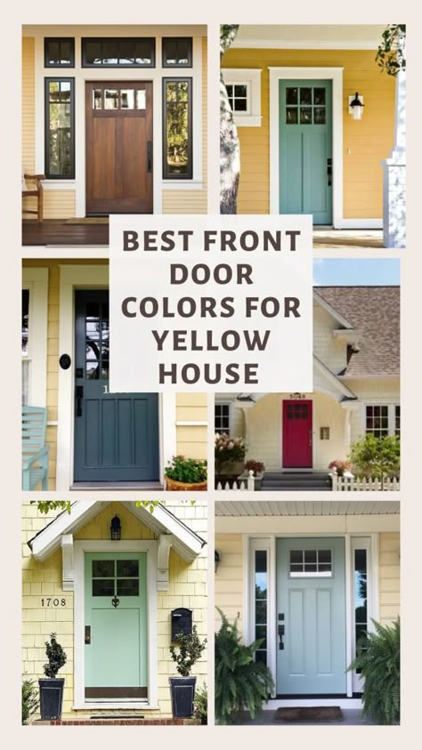 Most Welcoming Front Door Colors for a Yellow House - Oak & Grain Home What Color Shutters For Yellow House, Doors For Yellow Houses, Yellow House With Colored Door, Front Door With Yellow House, Yellow And Teal House Exterior, Yellow Cape Cod House Exterior, Grey House Yellow Door Exterior, Yellow House Navy Door, Yellow Home Exterior Paint Schemes