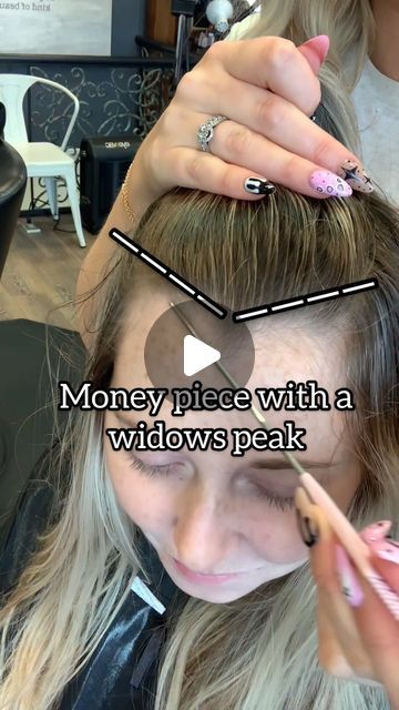 Money Piece Long Bangs, Short Hair Styles Widows Peak Women, Curly Hair With Widows Peak, Money Bangs Hair Blonde, Shoulder Length Hair Widows Peak, Money Pieces Side Part, How To Dye Front Pieces Of Hair, Money Piece Step By Step, Money Piece In Black Hair