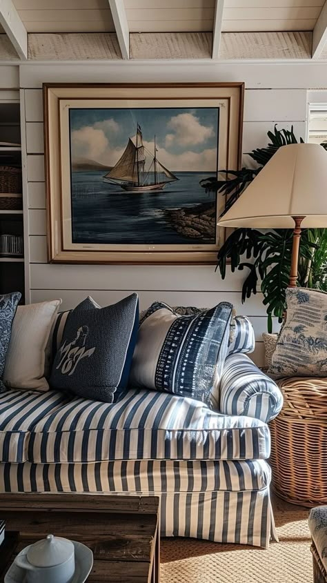 Nautical Sunroom Ideas, Vintage Coastal Cottage Decor, Traditional Coastal Maximalism, New England Home Aesthetic, Nantucket Aesthetic Interior, Coastal Grandmother Aesthetic Interior, Nantucket Bedroom, Coastal Americana, Lake House Interior Design