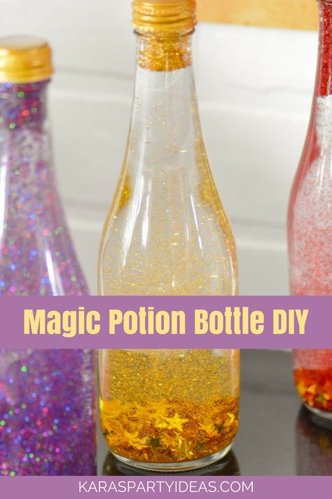 Magic Potion Bottle DIY via KarasPartyIdeas - KarasPartyIdeas.com Magic Potion Sensory Bottle, Magic Potions Birthday Party, Diy Fairy Potion, Potion Diy Bottle, How To Make A Potion Bottle, Potion Sensory Bottles, Making Potion Bottles, How To Make A Potion Recipe, Potions Birthday Party