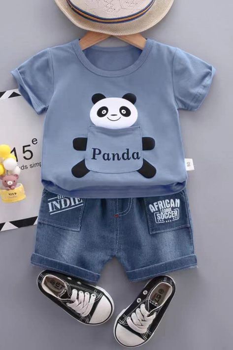 Baby Boy Dress 1 Year -  Kid Cartoon Panda Print Cotton Lycra Half Sleeve T-shirt & Denim Shorts Set Boys T Shirt Print, Baby Boy Dress Design, Panda Outfit, Boys Shirts Pattern, Kid Cartoon, Kids Dress Boys, Boy Dress, Baby Clothes Patterns Sewing, Kids Garments