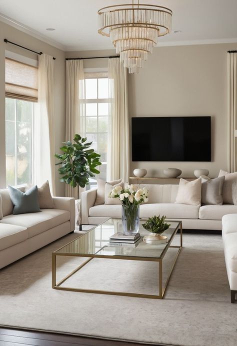 This contemporary living room’s beauty is elevated through its sophisticated neutral palette and sleek, plush furnishings. The subtle metallic accents and soft lighting add a touch of luxury, creating a space that feels both elegant and inviting, perfect for both relaxation and entertaining. Classy Comfy Living Room, Beige White Gold Living Room, Shea Mcgee Style Living Room, Chrissy Marie Blog Living Room, Neutral Living Room With Gold Accents, Gold And Neutral Living Room, Elegant Contemporary Living Room, Neutral Transitional Living Room, French Inspired Living Room