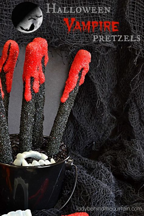 Halloween Vampire Pretzels |   These bloody creations are perfect for any scary themed Halloween Party.  With the perfect balance of sweet and salty no one Twilight Marathon, Vampire Valentine, Decorated Pretzels, Vampirina Party, Halloween Pretzels, Themed Halloween Party, Halloween Buffet, Vampire Party, Zombie Prom