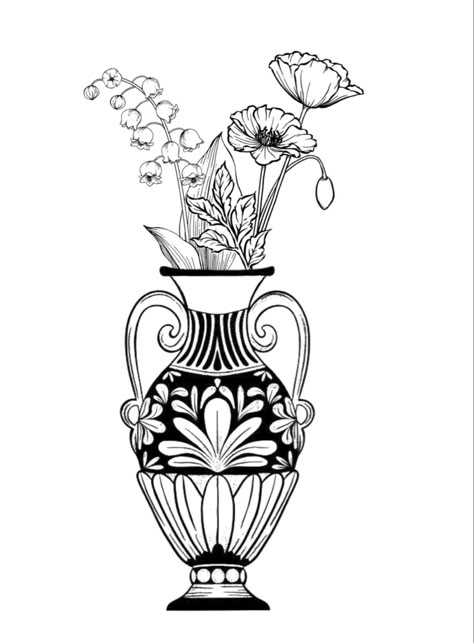 Fine Line Flower Vase Tattoo, Fineline Vase Tattoo, Greek Vase Tattoo Design, Flower And Vase Tattoo, Flower Vase Tattoo Design, Flowers Vase Tattoo, Antique Vase Tattoo, Floral Vase Tattoo, Roman Vase Tattoo