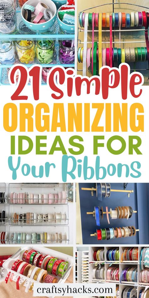 Ribbon Organization Ideas Diy, Ribbon Drawer Organization, Back Of Door Ribbon Storage, Storage For Ribbon Organizing Ideas, Ribbon Organization Diy, Ribbon Holder Diy How To Make, How To Store Rolls Of Ribbon, Organizing Ribbon In Craft Room, Ribbon Storage Hack