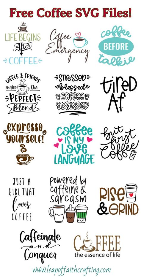 Grab some free coffee SVG cut files to use to make mugs, tshirts, totes, or gifts for others. #cricut Vinyl Mugs Ideas, Coffee Bar Svg Free, Cricut Coffee Signs, Coffee Mug Svg Free, Cricut Mug Ideas Vinyls, Coffee Svg Files Free, Free Coffee Svg Files For Cricut, Free Cricut Svgs, Cricut Sayings And Quotes