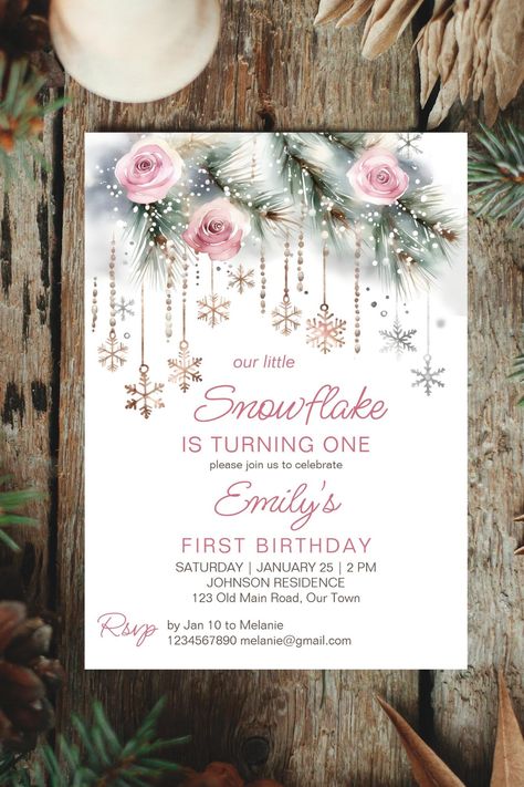 Little snowflake winter wonderland birthday party editable template invitation digital download 1st Birthday Girl Winter Theme, First Birthday Girl January, January 1st Birthday Girl, Winteroneder Land Theme Party Girl, Girl First Birthday Party Ideas Winter, Winter 1st Birthday Party Girl, First Birthday Girl Winter, 1st Birthday Girl Winter, Winter Baby Birthday Party