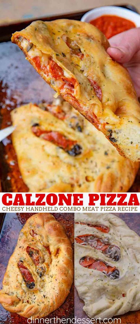 Easy Calzone Pizzas filled with pepperoni, sausage, olives, onions and cheese baked in 20 minutes with a crispy crust and perfect for dipping. #calzone #calzonerecipe #pizza #pepperoni #appetizer #dinner #party #gameday #dinnerthendessert Easy Calzone Recipe, Easy Calzone, Meat Pizza Recipes, Calzone Recipe Easy, Homemade Calzone, White Pizza Recipes, Pizza Pepperoni, Meat Pizza, Chef Boyardee