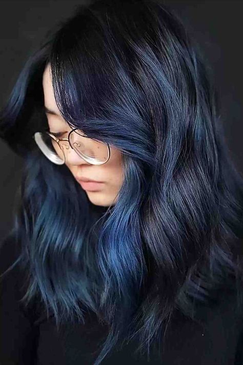 Soft Metallic Blue Money Piece Balayage for Dark Hair with Medium Cut Dark Root Blue Hair, Blue Black Hair With Money Piece, Black Hair Blue Money Piece, Dark Blue Money Piece Hair, Blue Baylage Hair Dark, Blue Balayage On Black Hair, Winter Blue Hair, Metallic Blue Hair, Blue Money Piece Hair