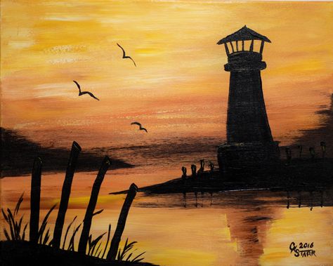 The warm colors invite you into this serene setting of a lighthouse at sunset. The cast shadows signal the birds its time to call it a day. The lighthouse will stand diligently while we sleep. Signed by the artist. Dated: 2016 Dimension: 20"x16"Medium: Acrylic PaintMaterial: Stretched Cotton Canvas Depth of Canvas: 3/4" (Will protrude from the wall 3/4")Ready to Hang: Sides are painted and a wire is included across the back. Easy to hang. Frame: Not included unless requested for an additional ch Lighthouse Painting Easy Step By Step, Light House Paintings Easy, Beach Painting Easy, Money Paintings, Acrylic Art Projects, Lighthouse Painting, Silhouette Painting, Dimension 20, Canvas Painting Designs