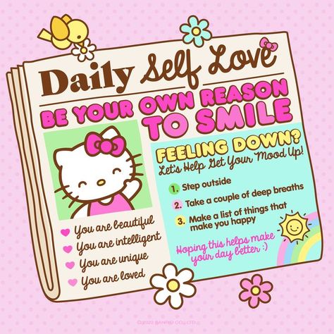 #WellnessWednesday: The Daily Self Love paper has arrived! Be your own reason to smile 💖✨ Hello Kitty Poster, Self Care Bullet Journal, Hello Kitty Pictures, Hello Kitty Items, Hello Kitty Collection, Positive Self Affirmations, Self Care Activities, Mental And Emotional Health, Feeling Down