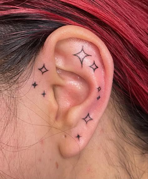 Ear Tattoo Sparkles, Stars Ear Tattoo, Face Star Tattoo, Amelie Tattoo Ideas, Subtle Face Tattoos, Ear Star Tattoo, Sparkle Face Tattoo, Dainty Face Tattoos, Under Ear Tattoo