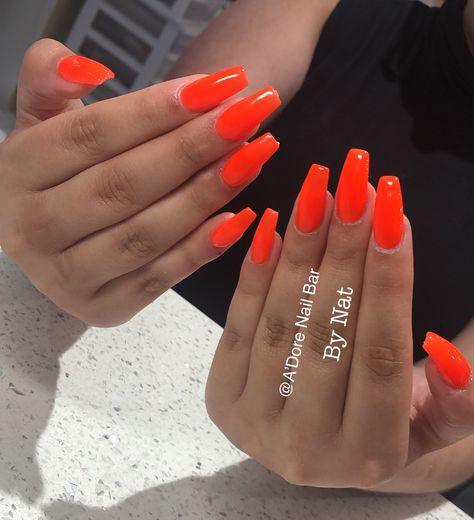 Orange Neon Acrylic Nails, Blaze Orange Nails, Electric Orange Nails, Fluorescent Orange Nails, Orange Nails Summer Neon, Neon Orange Nail Ideas, Neon Orange Acrylic Nails, Hot Orange Nails, Nails Ete