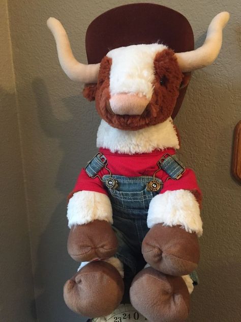 BUILD A BEAR TEXAS LONGHORN STEER BULL COW 13" plush with Overalls, Hat #BuildaBear Cow Build A Bear, Sock Snowman Craft, Sock Monkey Baby, Longhorn Steer, Teddy Bears For Sale, Elephant Images, Small Stuffed Animals, Bull Cow, Monkey Stuffed Animal