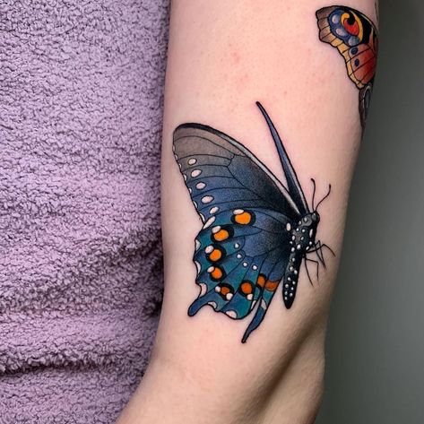 Black And Purple Butterfly Tattoo, Red Spotted Purple Butterfly Tattoo, Neo Trad Butterfly, Neotraditional Butterfly Tattoo, Butterfly On Flower Tattoo, Small Butterfly Tattoos, Insect Tattoos, Coverup Ideas, Butterfly Thigh Tattoo