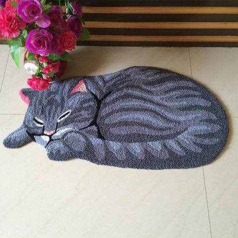 Cat Carpet, Cute Sleeping Cat, Rugs Cute, Mat Decoration, Cat Rug, Knit Rug, Modern Rugs Grey, Animal Rug, Art Rug