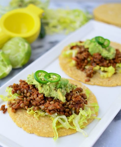 Lentil Tacos! AKA the BEST swap for meat tacos- same amount of protein, 1/2 the fat! #vegan and #glutenfree option Red Lentil Tacos, Taco Lentils Meat, Vegan Lentil Tacos, Wfpb Mexican Recipes, Vegan Mexican Recipes Plant Based, Vegan Lentil Taco Meat, Vegan Taco Tuesday, Plant Based Lentil Recipes, Plant Based Tacos Recipes