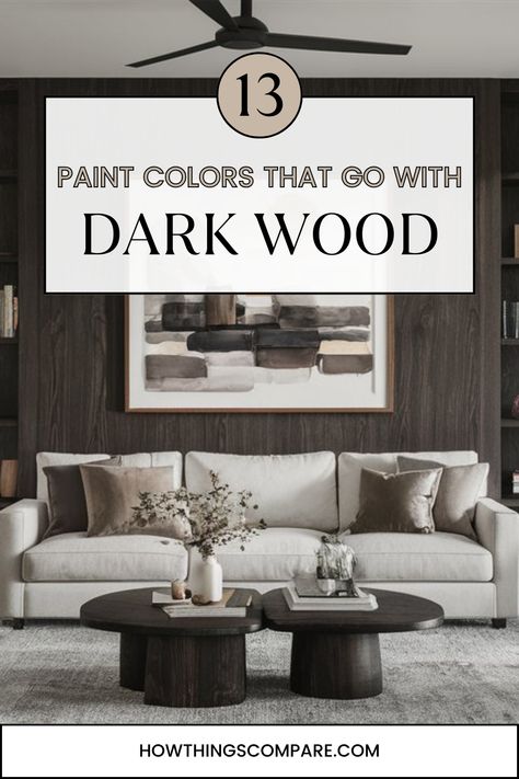 13 Paint Colors That Go With Dark Wood. Transform your space with these 13 perfect paint colors that complement dark wood! Ideal for homes with dark brown trim, dark floors, or dark furniture. #DarkWood #DarkBrownTrim #DarkFloorsWallColor #DarkFurniture #InteriorDesign Dark Walnut Furniture Living Room, Paint Colors That Go With Dark Wood Floors, Paint Colors That Go With Espresso Wood, Paint Colors For Dark Floors, Paint Colors With Dark Wood Trim, Dark Brown Wood Furniture, Dark Wood Trim Living Room, Dark Wood Living Room Decor, Paint Colors That Go With Dark Wood