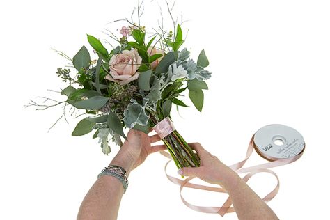 Diy Homecoming Bouquet Simple, Wrapping Ribbon Around Bouquet, How To Wrap Bouquet With Ribbon, Wrapping Bouquets With Ribbon, How To Wrap Ribbon Around Bouquet, How To Tie Ribbon On Bouquet, How To Wrap A Bouquet With Ribbon, How To Wrap A Bouquet, Wedding Bouquet With Ribbon