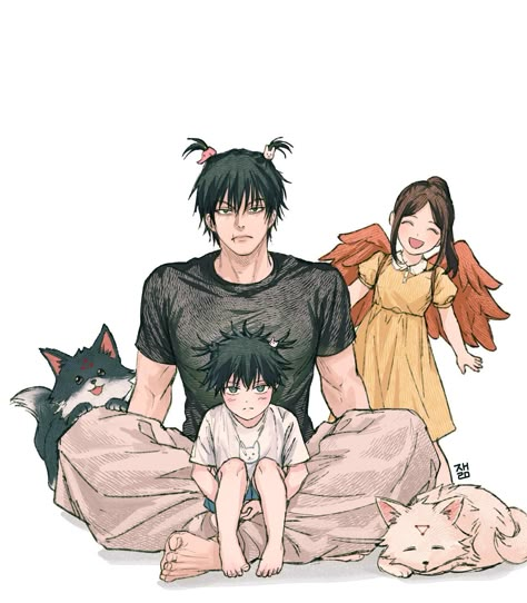 jjk art by mireaj5 on twitter Megumi Mom, Fushiguro Family, Yandere Manga, Megumi Fushiguro, Anime Family, Anime Animals, Cute Family, Handsome Anime Guys, Cute Icons