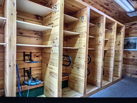 Great idea for a tack locker setup. Just add doors Tack Room Lockers, Tack Organization, Barn Organization, Equestrian Training, Tack Locker, Tack Room Organization, Horse Tack Rooms, Barn Hacks, Tack Rooms