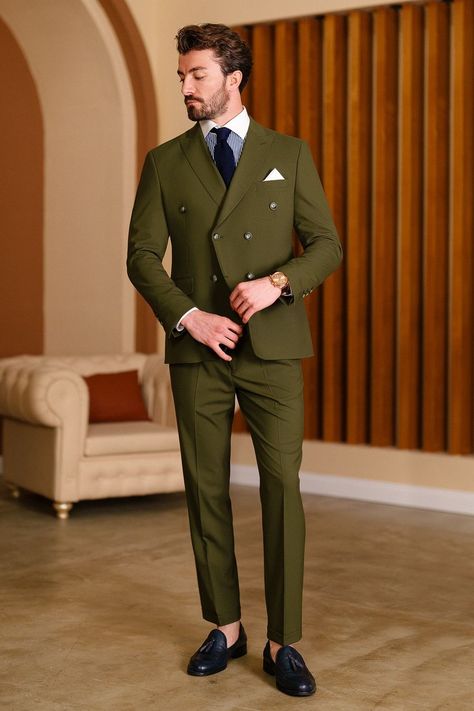 Forge your iconic presence in the Khaki Double-Breasted 2-Piece Suit. With its commanding double-breasted blazer adorned with peak lapels, this ensemble epitomizes masculine sophistication and exudes an aura of powerful refinement. #MensFashionIcons #menssuits #doublebreasted #khakisuit #formalwear #timelessstyle #suitandtie #sartorial #distinguishedlook #classicmenswear #tailoredsuits Olive Green Suit, Khaki Suit, Suit Styles, Double Breasted Tuxedo, Suit Stores, Slim Fit Suit Men, Slim Fit Tuxedo, Green Suit, Navy And Khaki