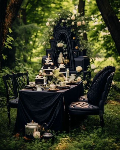 Dark Fairy Party Ideas, Dark Enchanted Forest Party, Dark Fantasy Birthday Party, Dark Fantasy Party, Dark Garden Party, Dark Tea Party, Black Tea Party, Gothic Tea Party, Witchy Shoot