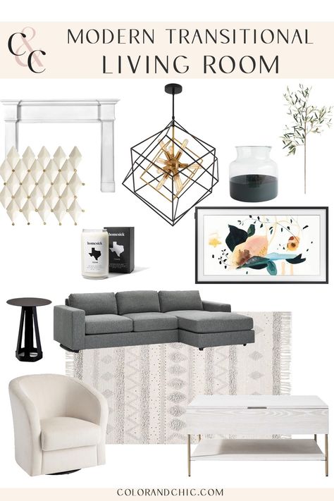 Mood boards for a Modern Transitional Home - Color & Chic Transitional Design Mood Board, Transitional Mood Board, Stage Arrangements, Modern Transitional Living Room, Modern Transitional Home, Greige Living Room, Condo Inspiration, Transitional Living Room, Modern Living Room Decor