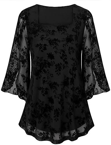 Luranee Women's 3/4 Sleeve Square Neck Floral Blouses Shirts Double Layers Casual Office Flowy Dressy Tunics Tops S-2XL Dressy Tunic Tops, Tops To Wear With Leggings, Flowy Tunic Tops, Ladies Tops Blouses, Flowy Tunic, Womens Tops Dressy, Floral Tunic Tops, Mesh Blouse, Stretchy Tops