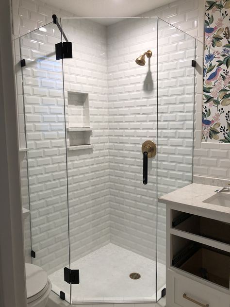 Small Bathroom Neo Angle, Glass Shower Renovation, Pentangle Shower Enclosure, Bathroom All Tiled, Small Shower Enclosure, Glass Shower Corner, Small Bathroom Remodel With Corner Shower Only, Corner Shower Remodel Ideas, Compact Bathroom Layout