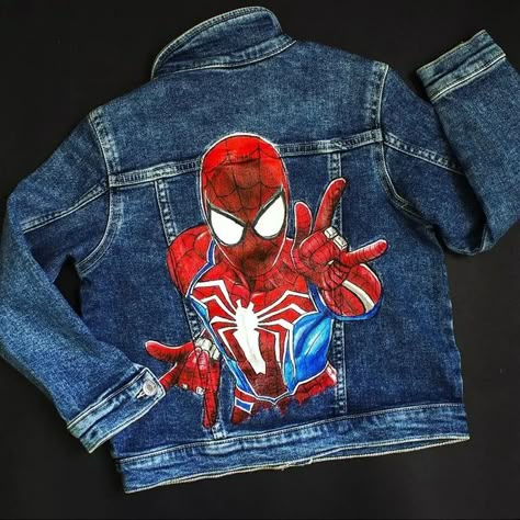 Spiderman Diy, Spiderman Jacket, Designer Photoshoot, Denim Jacket Diy Paint, Kids Jeans Jacket, Painted Leather Jacket, Painting Clothes, Custom Jean Jacket, Diy Denim Jacket