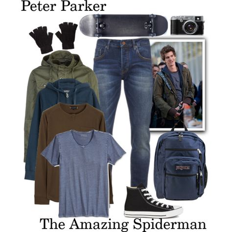 Peter Parker - The Amazing Spiderman by gone-girl on Polyvore featuring GUESS, Roamers & Seekers, Scotch & Soda, True Religion, Kuhl, JanSport, Converse, Fujifilm, Marvel and men's fashion Superhero Inspired Outfits Men, Peter Parker Outfit Ideas, Peter Parker Outfit, Marvel Inspired Outfits, Spiderman 2002, Spiderman Outfit, Parker Outfit, The Amazing Spiderman, Andrew Garfield Spiderman