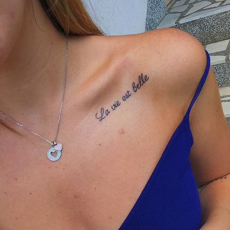 Shoulder Tattoo Quotes, Collar Bone Tattoo Quotes, Belle Tattoo, 50 Tattoo, Bone Tattoo, Small Quote Tattoos, Meaningful Tattoo Quotes, Quote Tattoos, Bone Tattoos