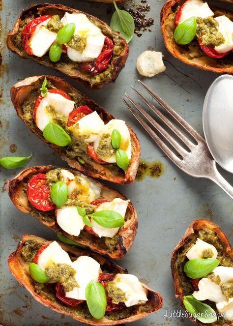 Loaded potato skins with goats cheese, slow roasted tomatoes and basil pesto Goat Cheese Tomato, Crispy Potato Skins, Loaded Potato Skins, Slow Roasted Tomatoes, Goats Cheese, Roasted Cherry, Loaded Potato, Roasted Cherry Tomatoes, Potato Skins