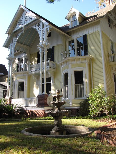 VICTORIAN HOUSE, BRUNSWICK, GEORGIA Brunswick Georgia, Georgia House, Victorian Exterior, Victorian Style House, Lots Of Windows, Yellow House, Victorian Mansions, Yellow Houses, Victorian Houses