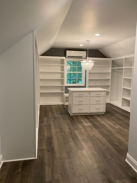 Closet In A Frame House, Master Suite Vaulted Ceiling, Attic Renovation Closet, Attic To Closet Conversion, Attic Master Suite Bathroom, Attic Closet Ideas Angled Ceilings Slanted Walls Built Ins, Attic Master Closet, Attic Turned Into Closet, Finished Attic Closet