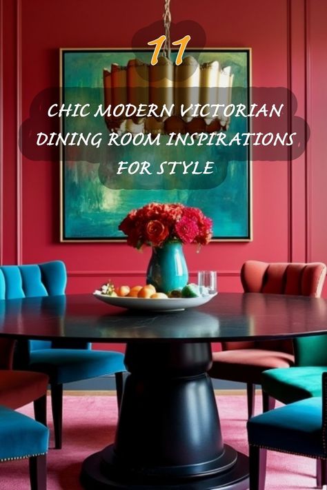 Explore my favorite modern Victorian dining room inspirations! This vibrant space features a striking color palette and chic furnishings that blend traditional elegance with contemporary flair. I love how the bold wall color enhances the unique dining table and colorful chairs, creating a stunning focal point perfect for stylish gatherings. Modern Victorian Dining Room Ideas, Art Deco Dining Room Interior Design, Vintage Glam Dining Room, Maximalist Dining Rooms, Modern Victorian Dining Room, Modern Victorian Bedroom Ideas, Victorian Dining Room, Unique Dining Table, Modern Victorian Style