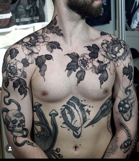 Nature Inspired Chest Tattoo, Floral Men Tattoo, Botanical Chest Tattoo Men, Chest Plant Tattoo, Blackwork Chest Tattoo Men, Floral Neck Tattoo Men, Nature Chest Piece Tattoo, Symmetrical Chest Tattoo Men, Self Made Man Tattoo