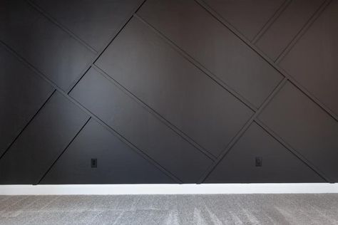 How to build a DIY geometric asymmetrical accent wall using trim, board and batten alternative. Board And Batten Geometric Wall, Accent Wall Around Door, Geometric Panel Wall, Geometric Trim Accent Wall, Asymmetrical Wall Design, Asymmetrical Accent Wall, Geometric Wall Paneling, Geometric Accent Wall Diy, Angled Accent Wall